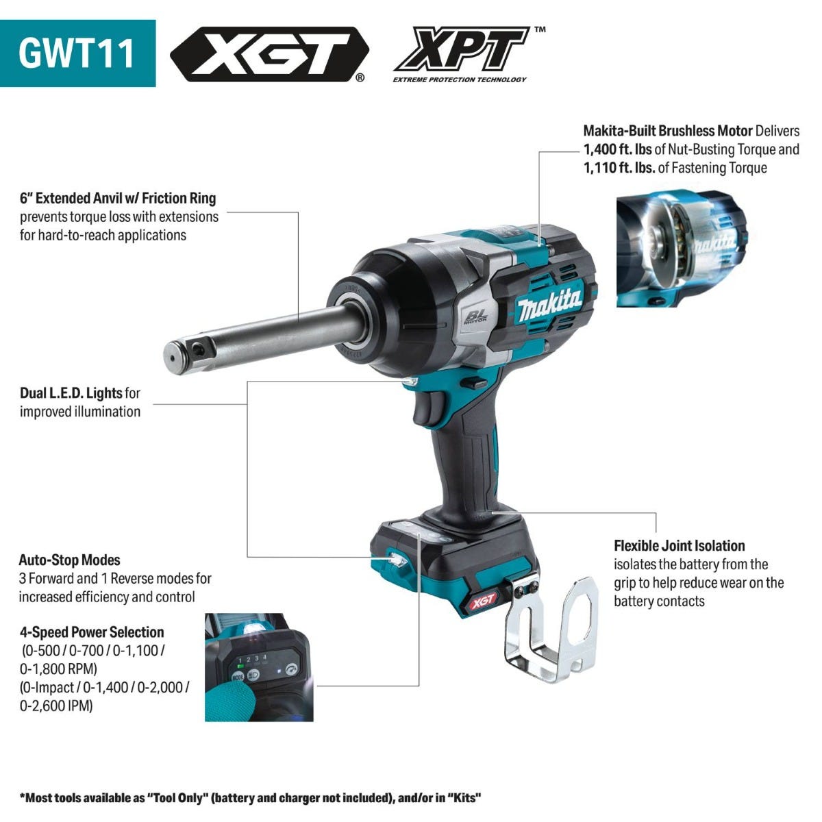 Makita GWT11Z 40V max XGT Brushless Cordless 4-Speed High-Torque 3/4-in. Extended Anvil Friction Ring Impact Wrench, Tool Only