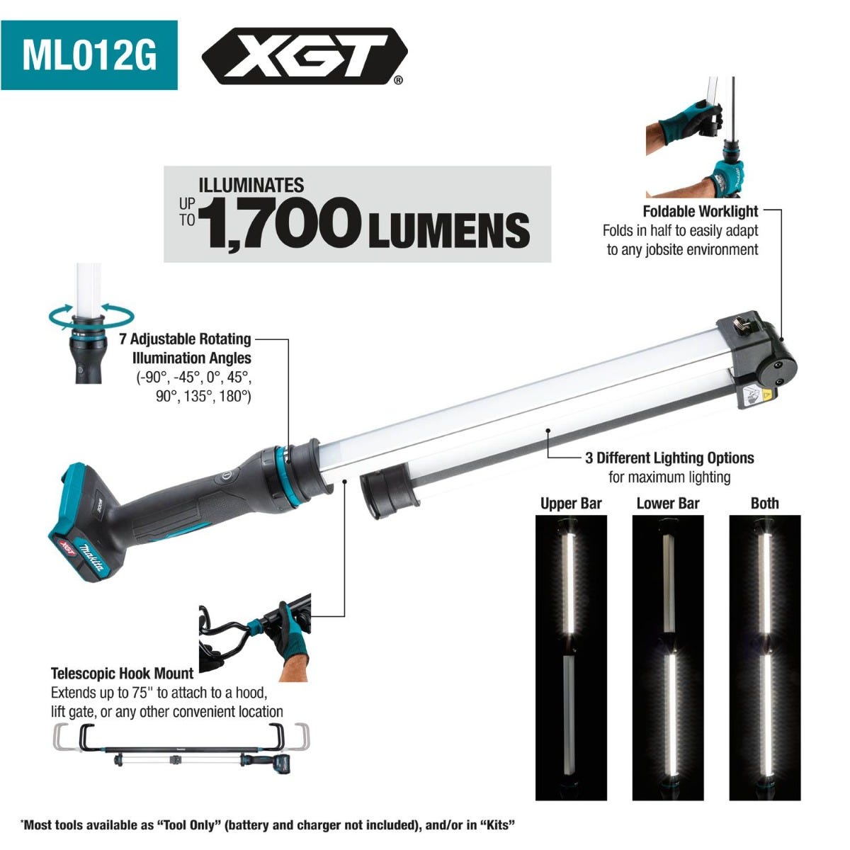 Makita ML012G 40V max XGT Cordless LED Underhood Work Light, Light Only