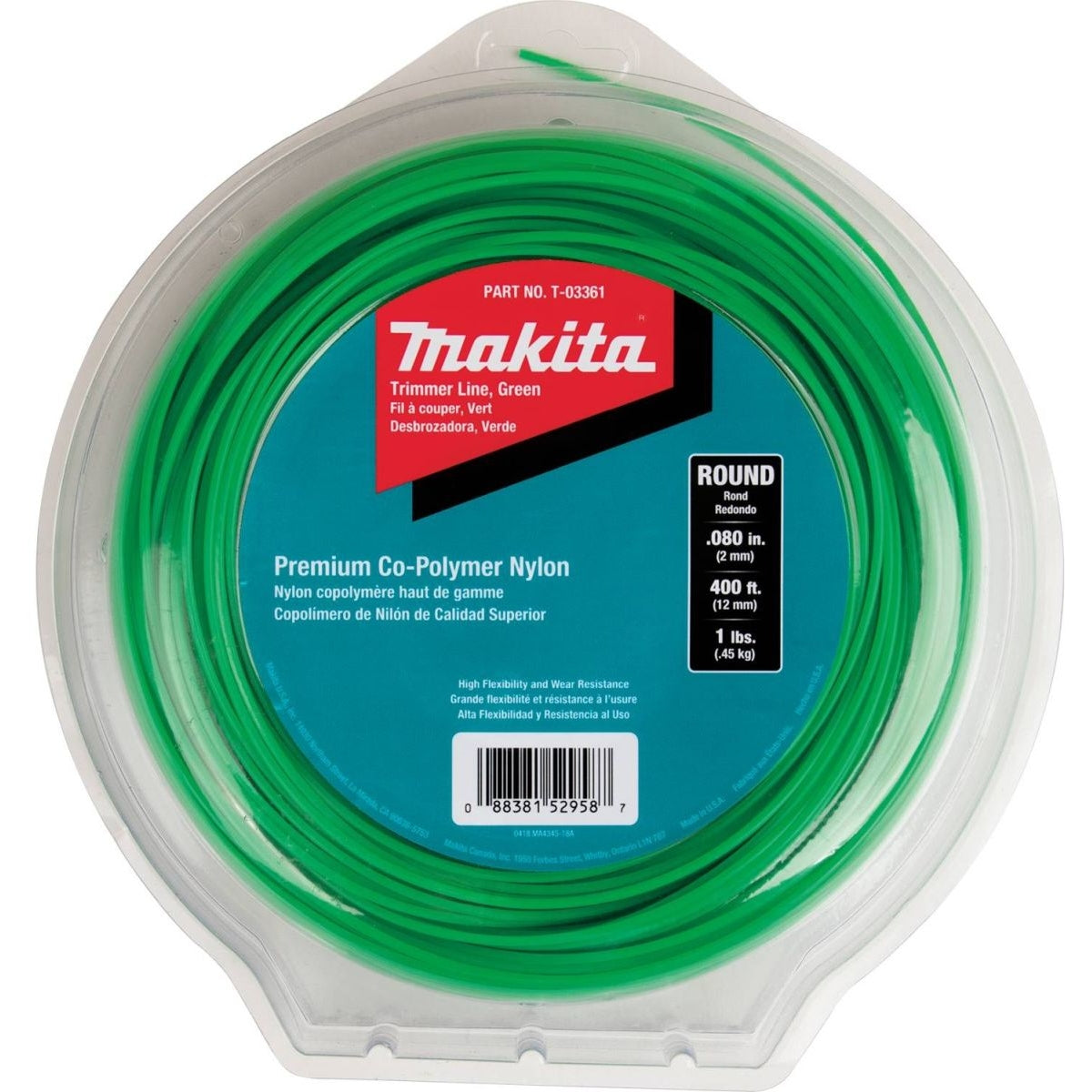 Makita T-03361 Round Trimmer Line, 0.080", Green, 400"™, 1 lbs.