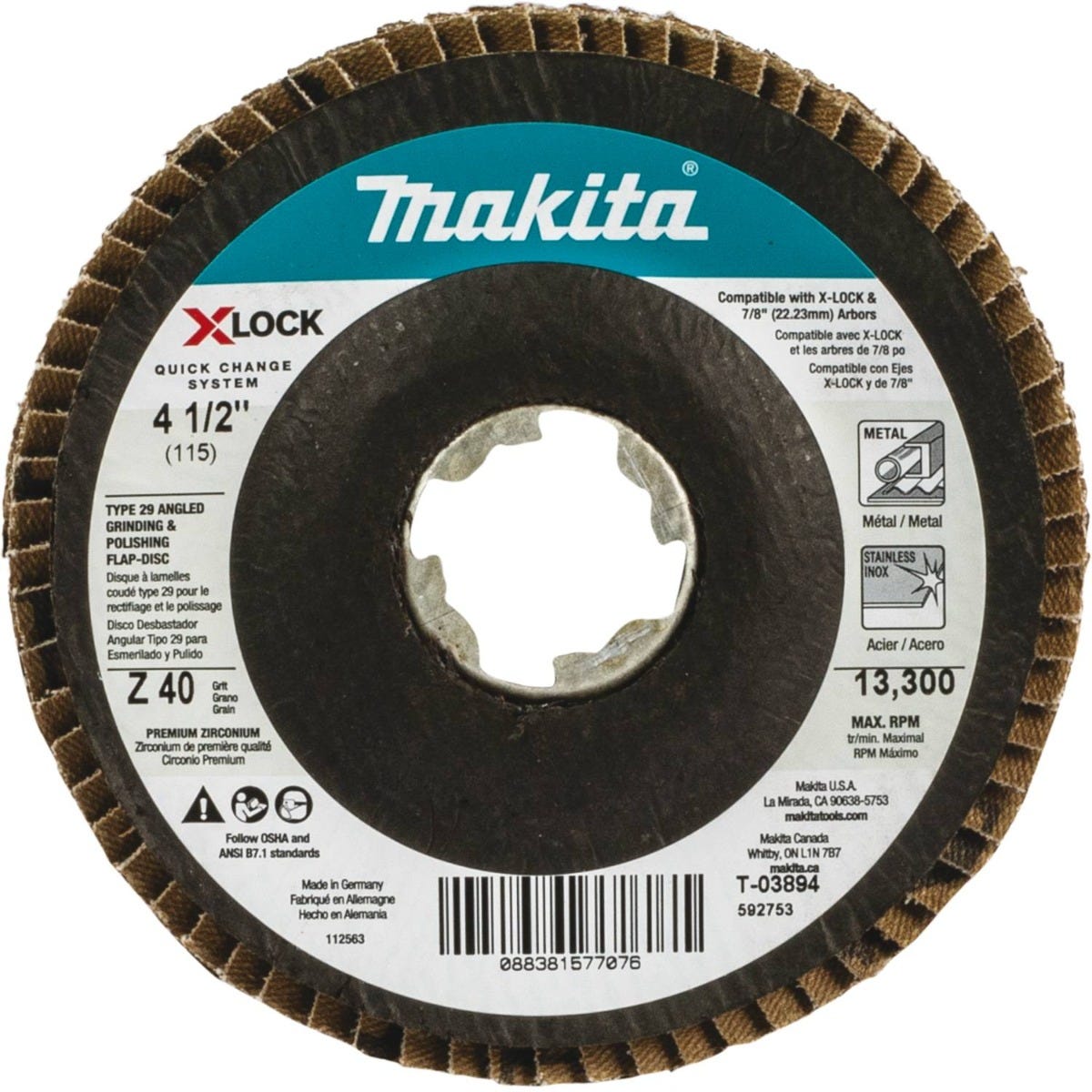 Makita T-03894-3 X-LOCK 4"‘1/2" 40 Grit Type 29 Angled Grinding and Polishing Flap Disc for X-LOCK and All 7/8" Arbor Grinders, 3/pk