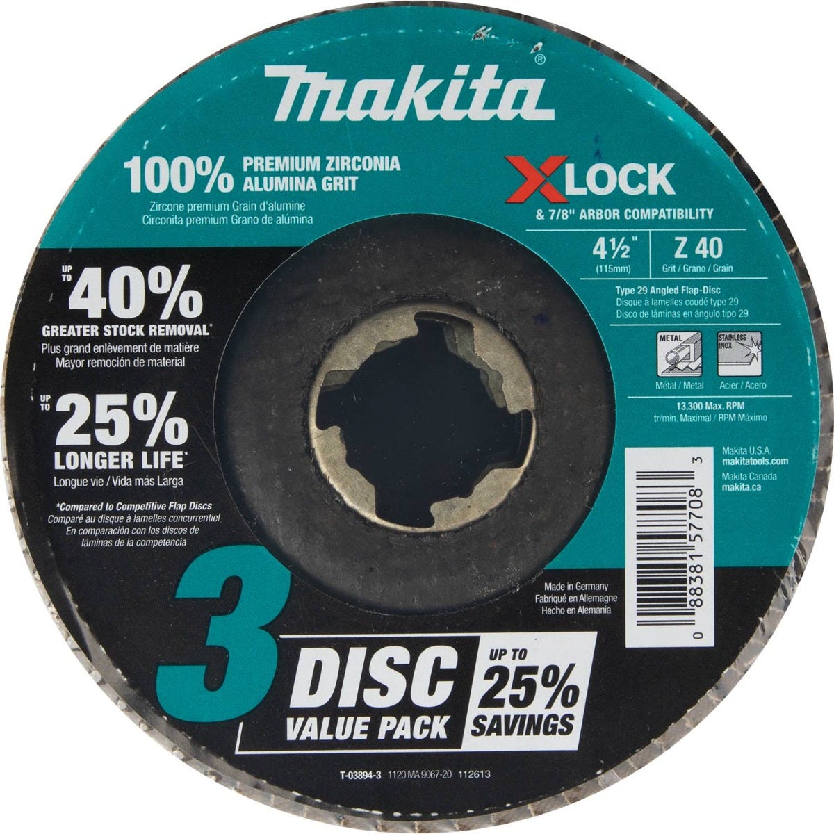 Makita T-03894-3 X-LOCK 4"‘1/2" 40 Grit Type 29 Angled Grinding and Polishing Flap Disc for X-LOCK and All 7/8" Arbor Grinders, 3/pk
