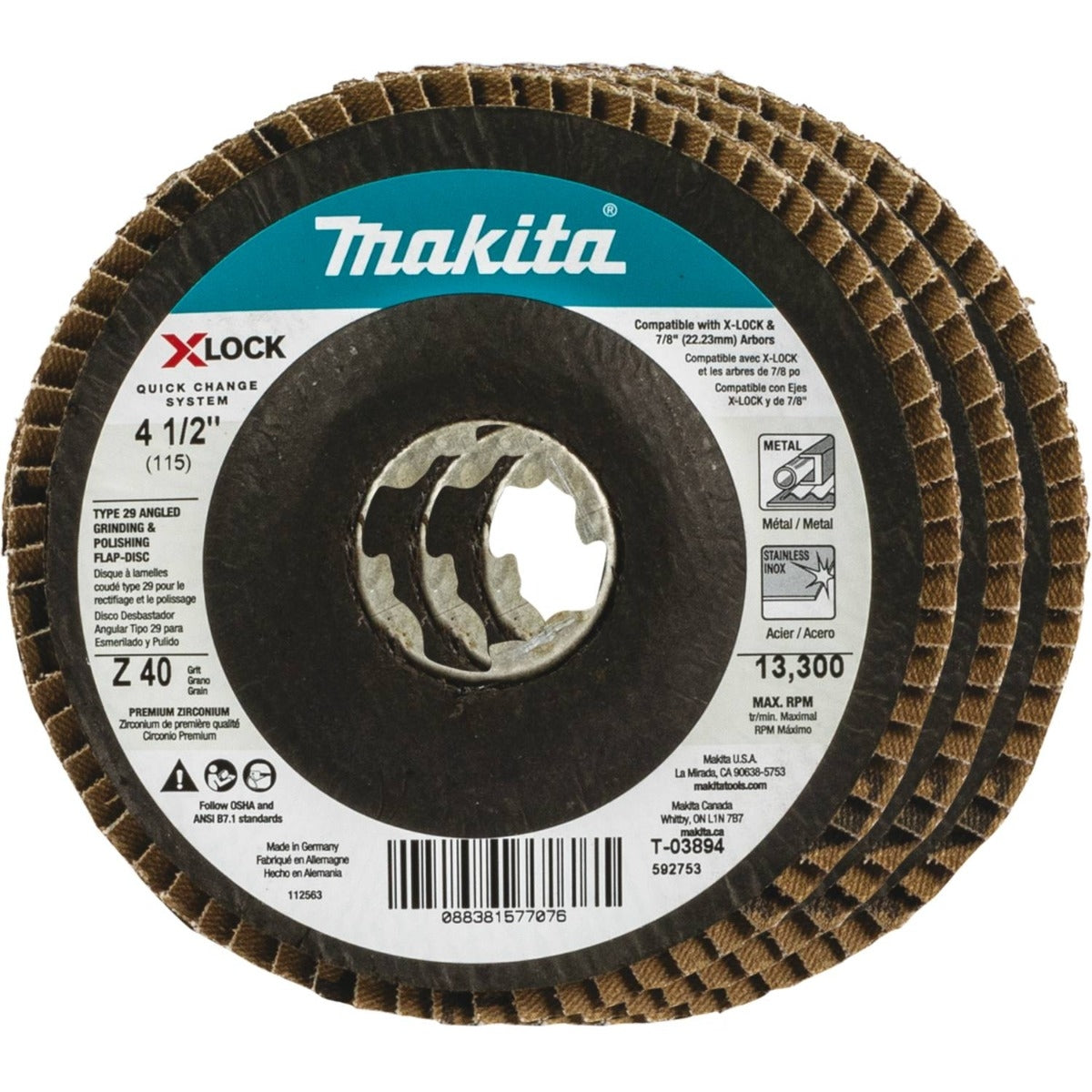 Makita T-03894-3 X-LOCK 4"‘1/2" 40 Grit Type 29 Angled Grinding and Polishing Flap Disc for X-LOCK and All 7/8" Arbor Grinders, 3/pk