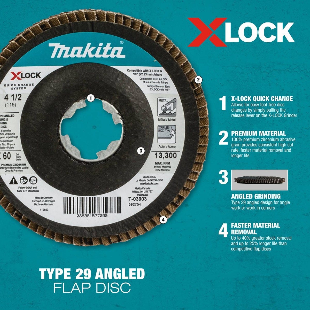 Makita T-03894-3 X-LOCK 4"‘1/2" 40 Grit Type 29 Angled Grinding and Polishing Flap Disc for X-LOCK and All 7/8" Arbor Grinders, 3/pk