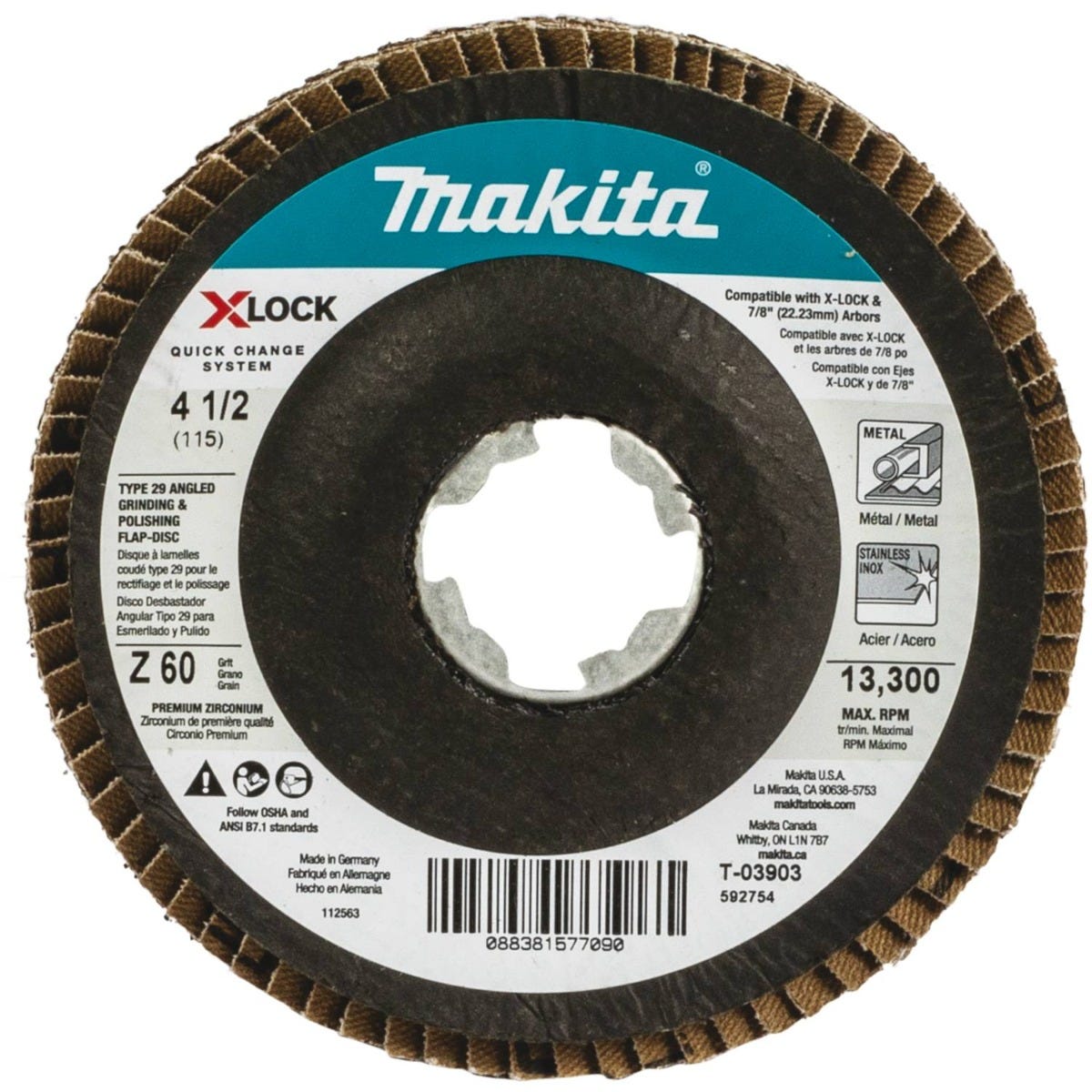 Makita T-03903-3 X-LOCK 4"‘1/2" 60 Grit Type 29 Angled Grinding and Polishing Flap Disc X-LOCK and All 7/8" Arbor Grinders, 3/pk