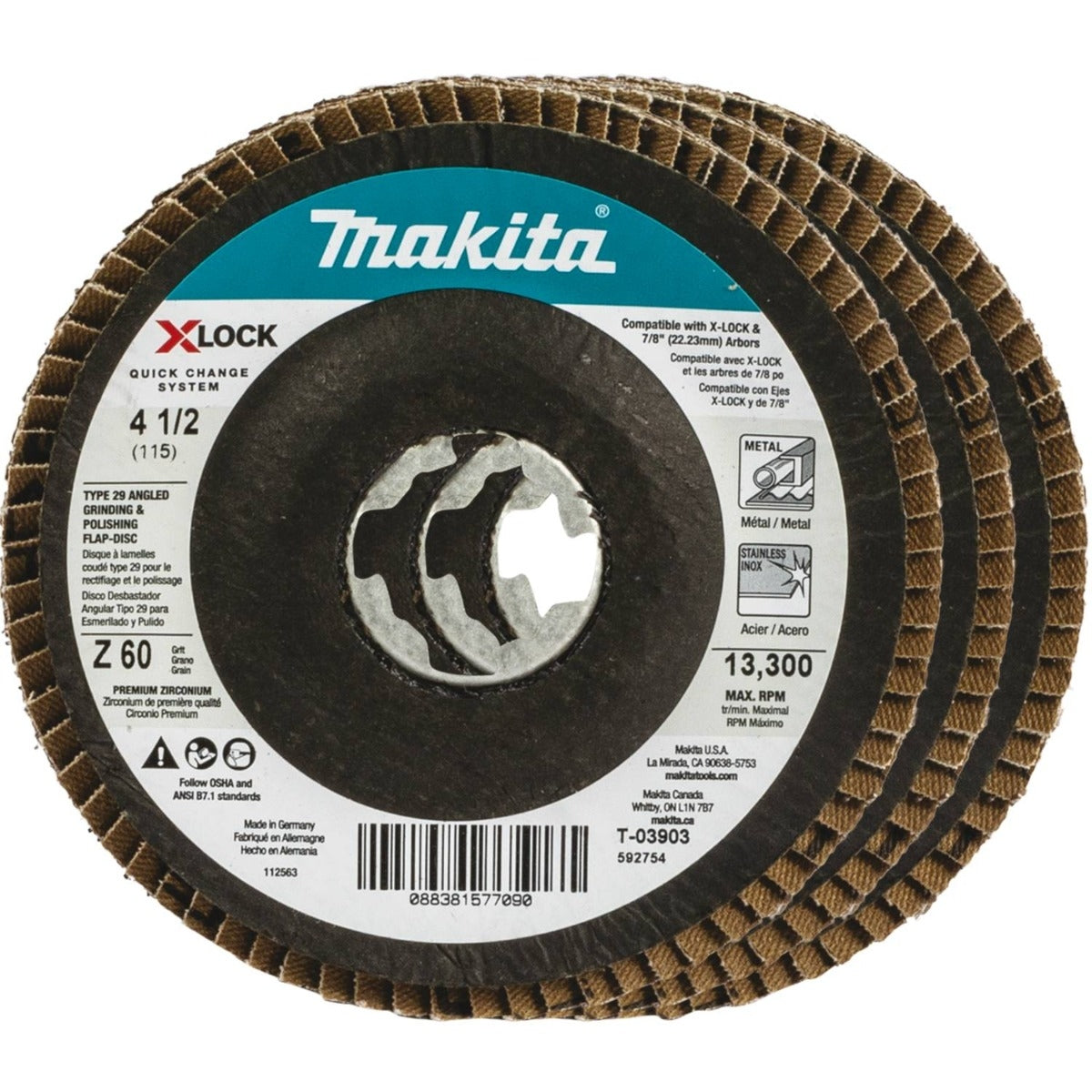 Makita T-03903-3 X-LOCK 4"‘1/2" 60 Grit Type 29 Angled Grinding and Polishing Flap Disc X-LOCK and All 7/8" Arbor Grinders, 3/pk
