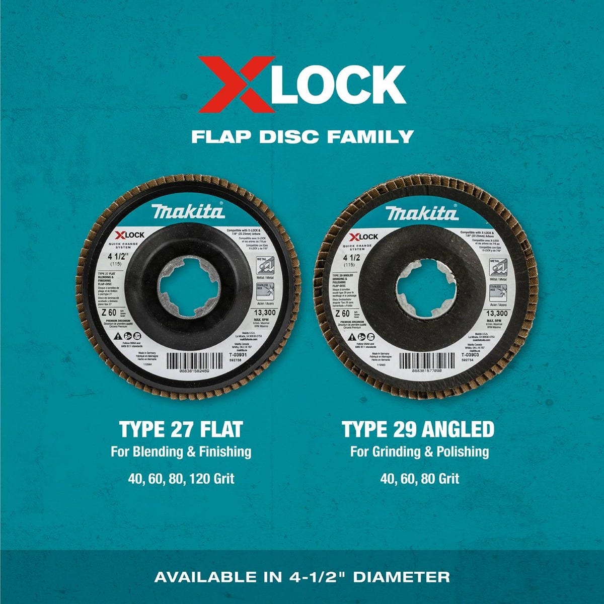 Makita T-03903-3 X-LOCK 4"‘1/2" 60 Grit Type 29 Angled Grinding and Polishing Flap Disc X-LOCK and All 7/8" Arbor Grinders, 3/pk