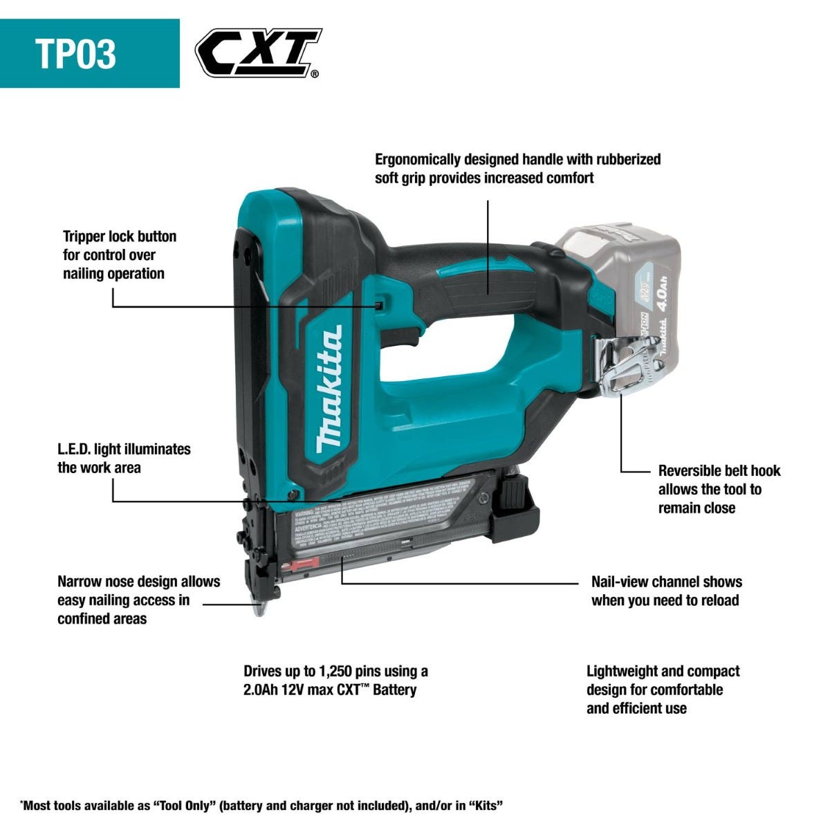 Makita TP03Z 12V max CXT Lithium-Ion Cordless Pin Nailer, 23 Ga., Tool Only