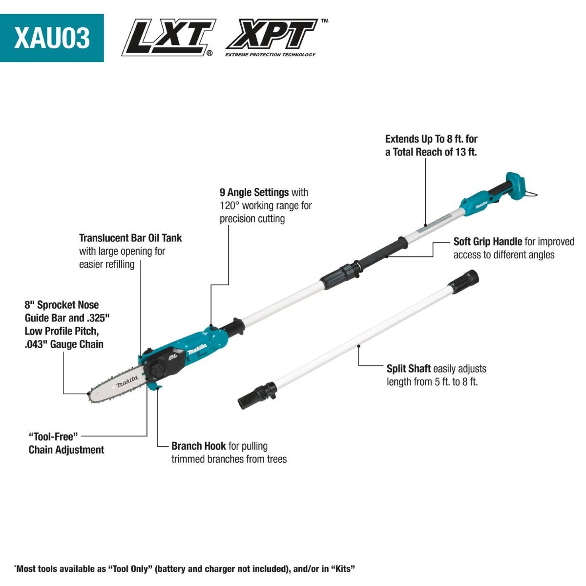 Makita XAU03Z 18V LXT Lithium-Ion Brushless Cordless 8" Extendable Articulating Pole Saw, Tool Only