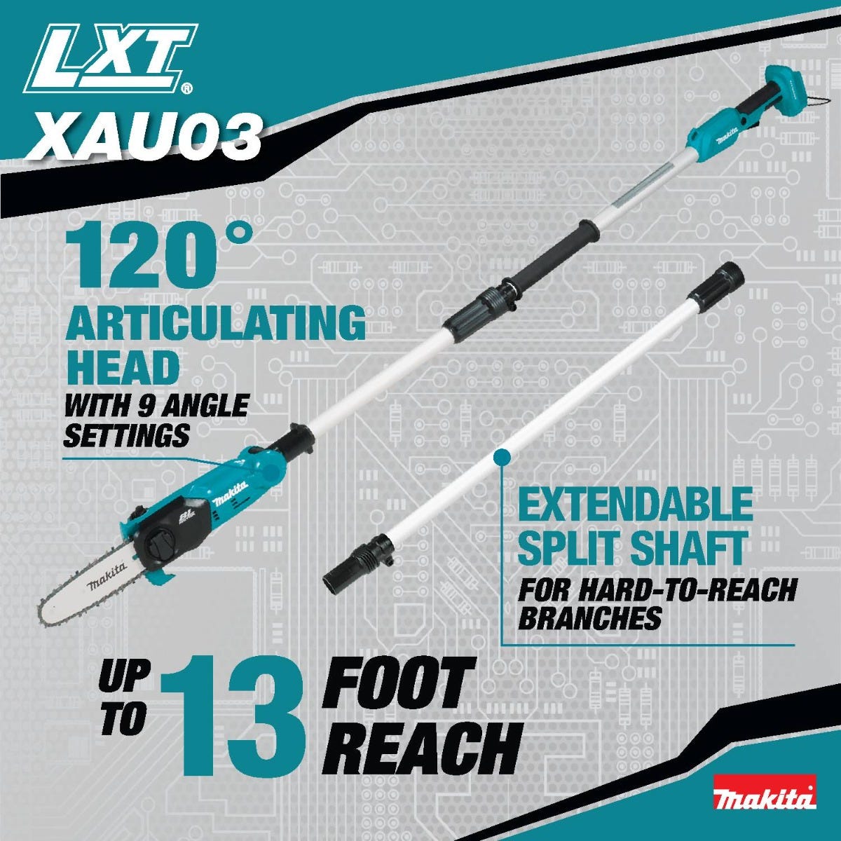 Makita XAU03Z 18V LXT Lithium-Ion Brushless Cordless 8" Extendable Articulating Pole Saw, Tool Only