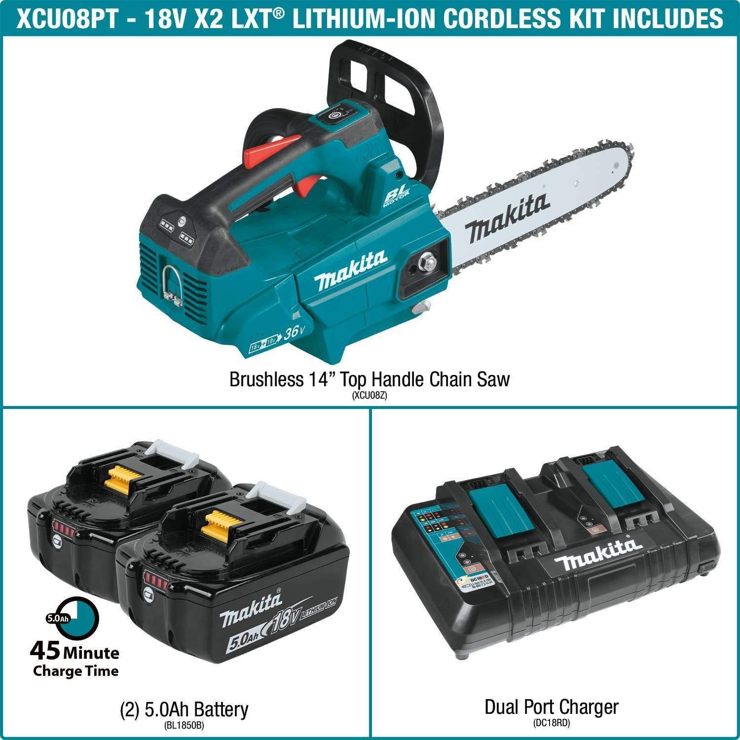 Makita XCU08PT 36V (18V X2) LXT Brushless 14" Top Handle Chain Saw Kit (5.0Ah)