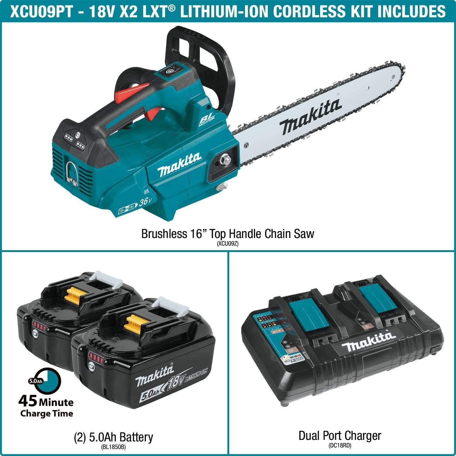 Makita XCU09PT 36V (18V X2) LXT Brushless 16" Top Handle Chain Saw Kit (5.0Ah)