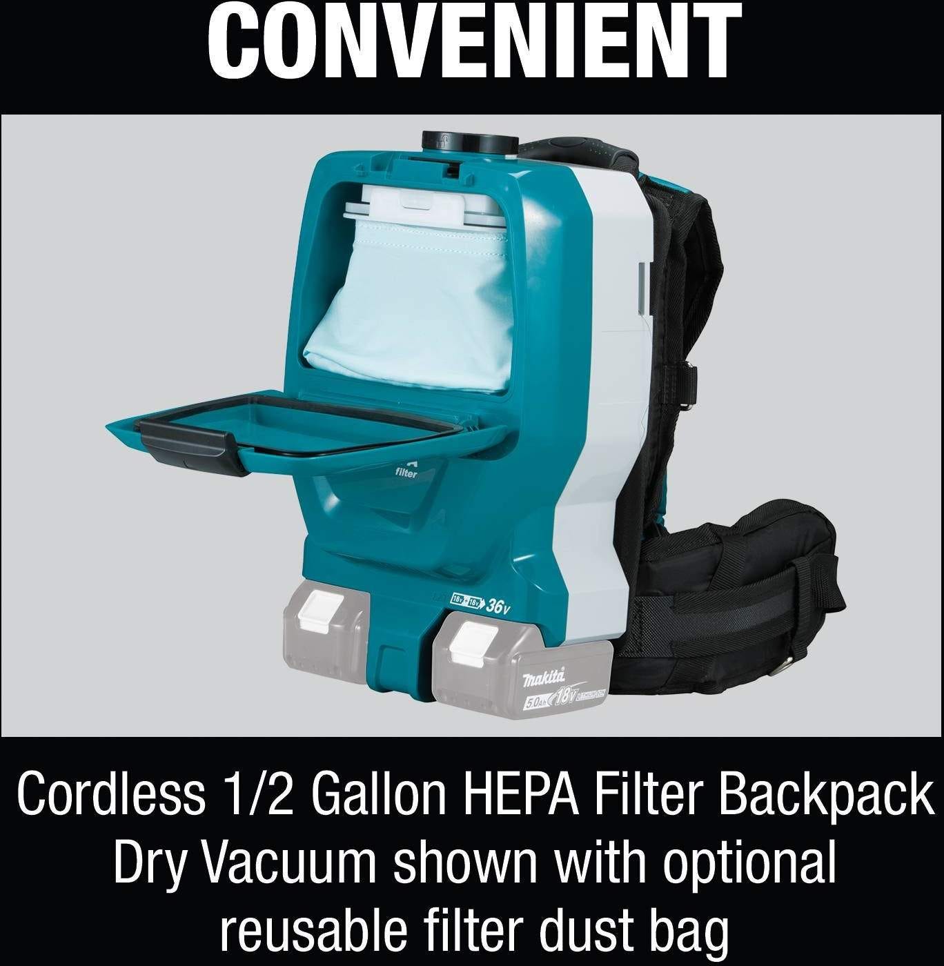 Makita XCV09Z 36V (18V X2) LXT Brushless 1/2 Gallon HEPA Filter Backpack Dry Vacuum, Tool Only