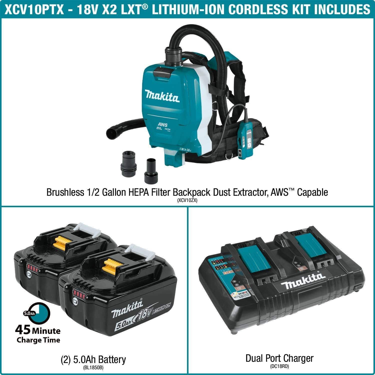 Makita XCV10PTX 36V (18V X2) LXT Brushless 1/2 Gallon HEPA Filter Backpack Dry Dust Extractor Kit, AWS Capable (5.0Ah)