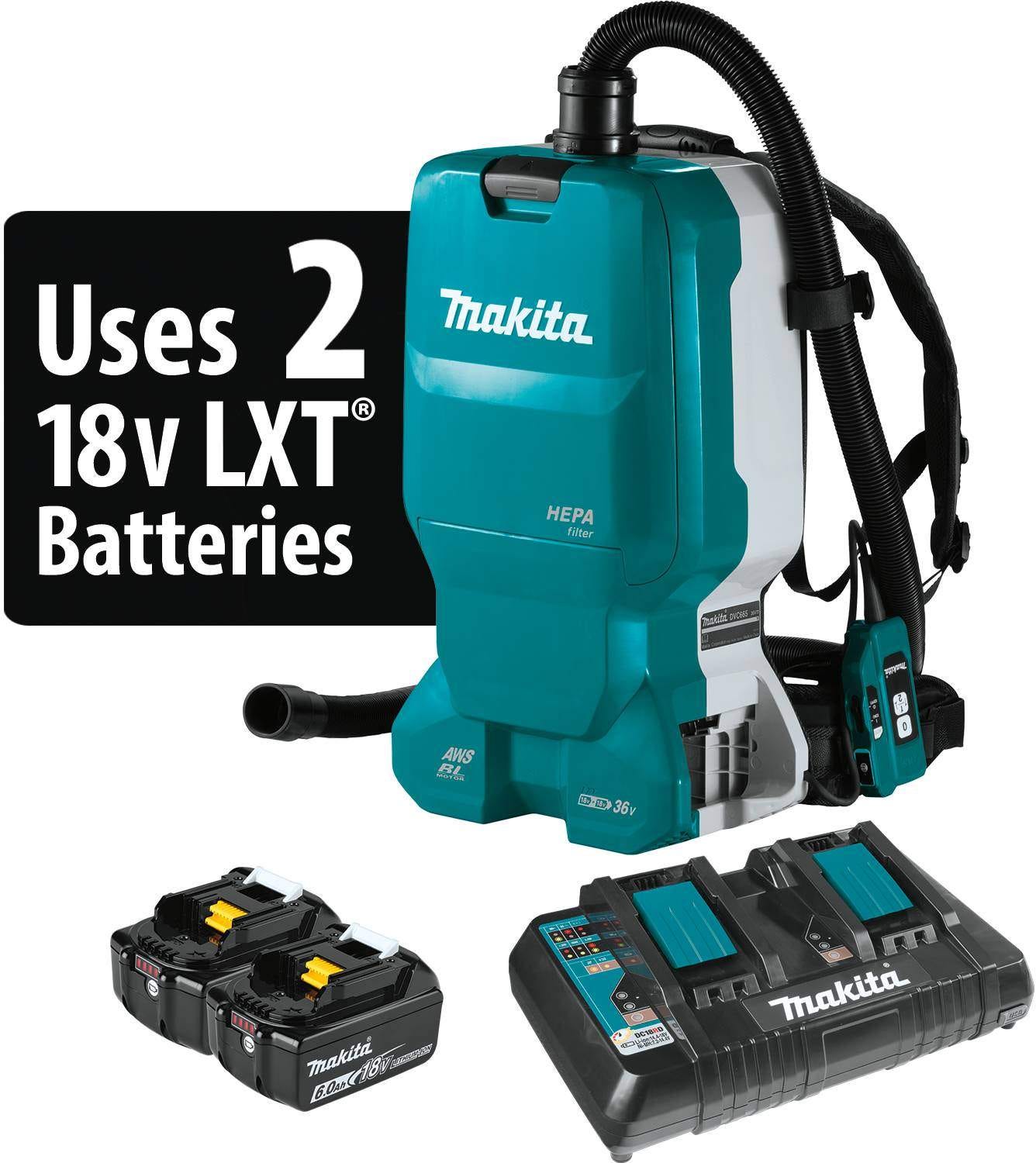 Makita XCV18PTX 36V (18V X2) LXT Brushless 1.6 Gallon HEPA Filter Backpack Dry Dust Extractor Kit, AWS Capable (5.0 Ah)