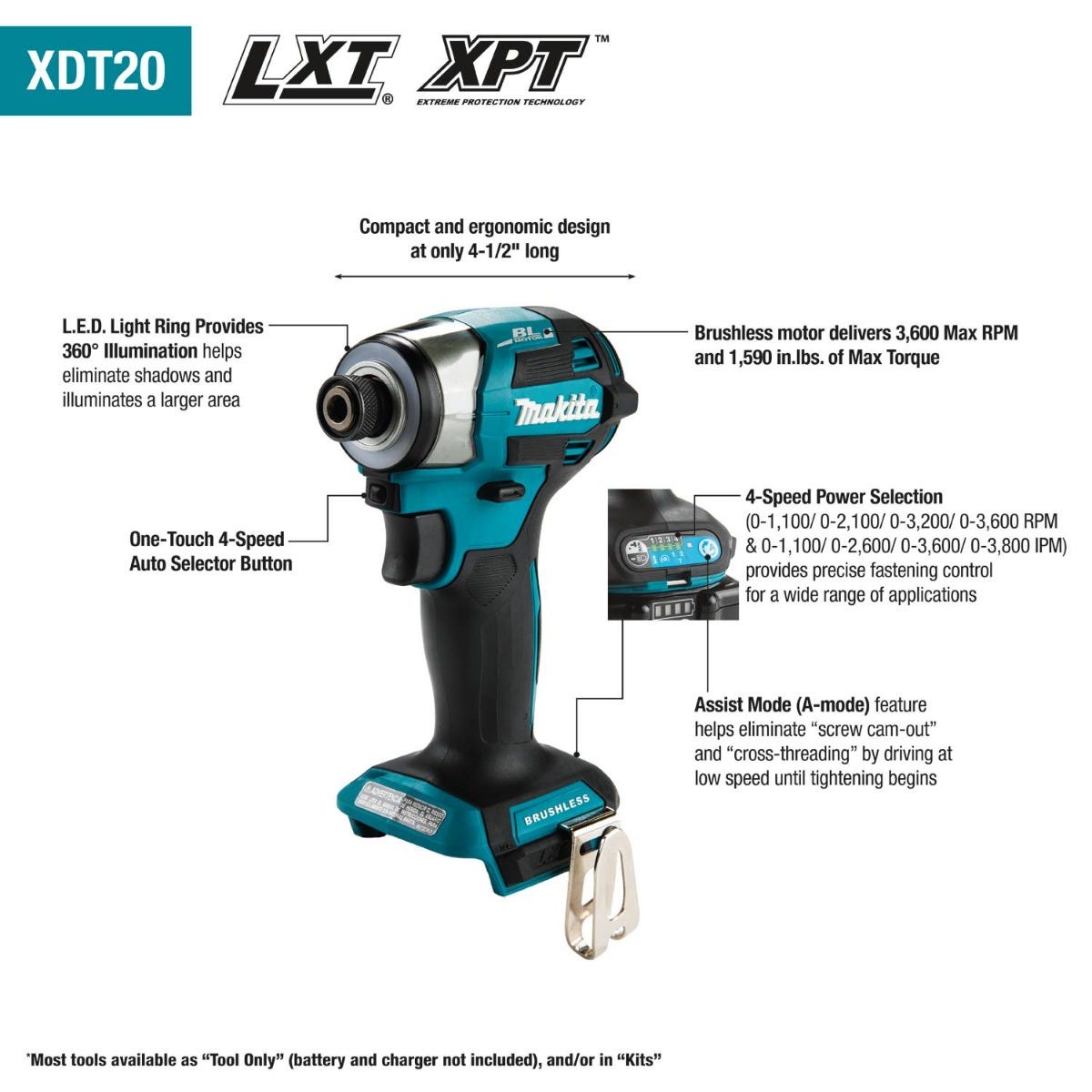 Makita XDT20Z 18V LXT Lithium-Ion Brushless Cordless Quick-Shift Mode 4-Speed Impact Driver, Tool Only