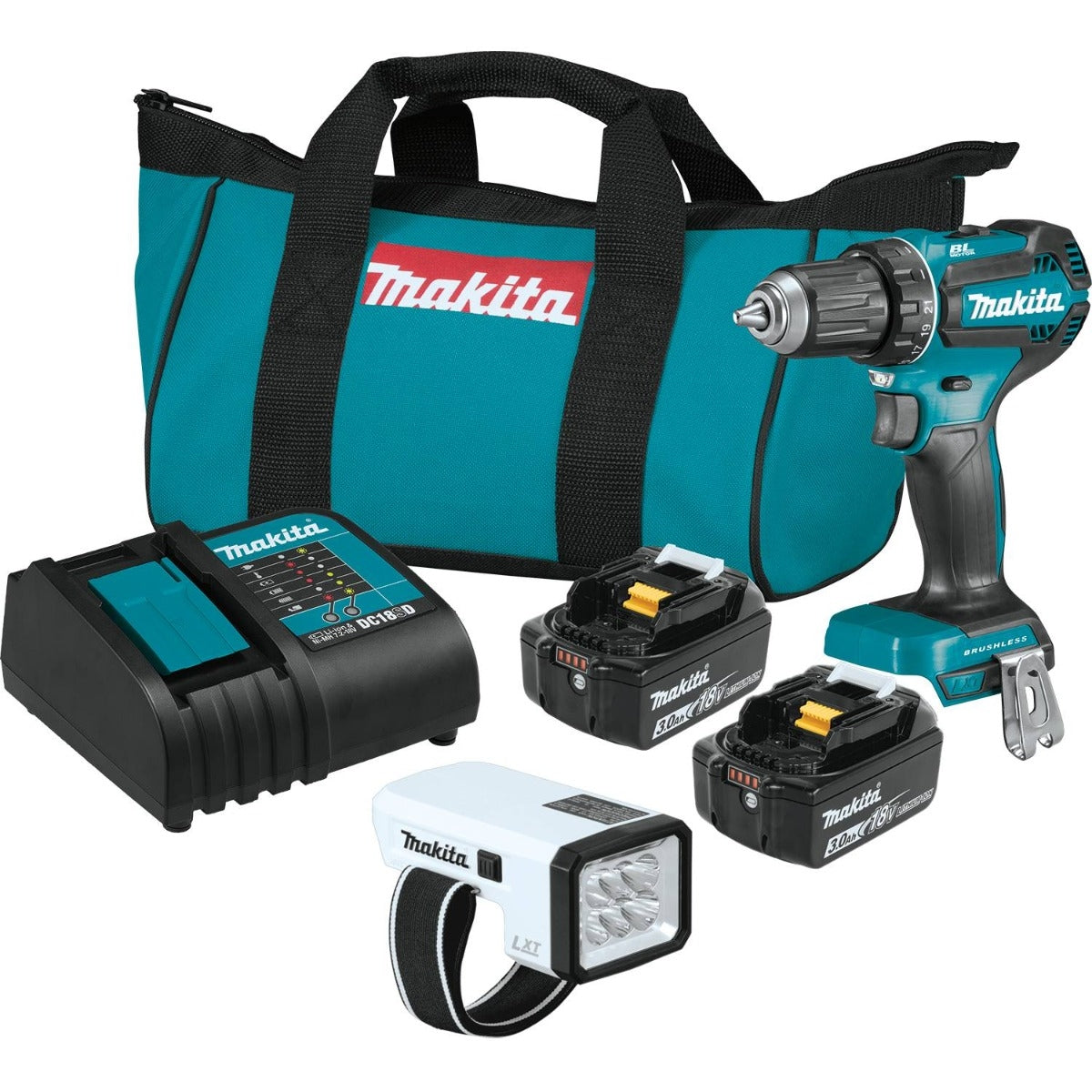 Makita XFD131X2 18V LXT Lithium-Ion Brushless Cordless 1/2" Driver-Drill Kit with L.E.D Flashlight and 2 Batteries (3.0Ah)
