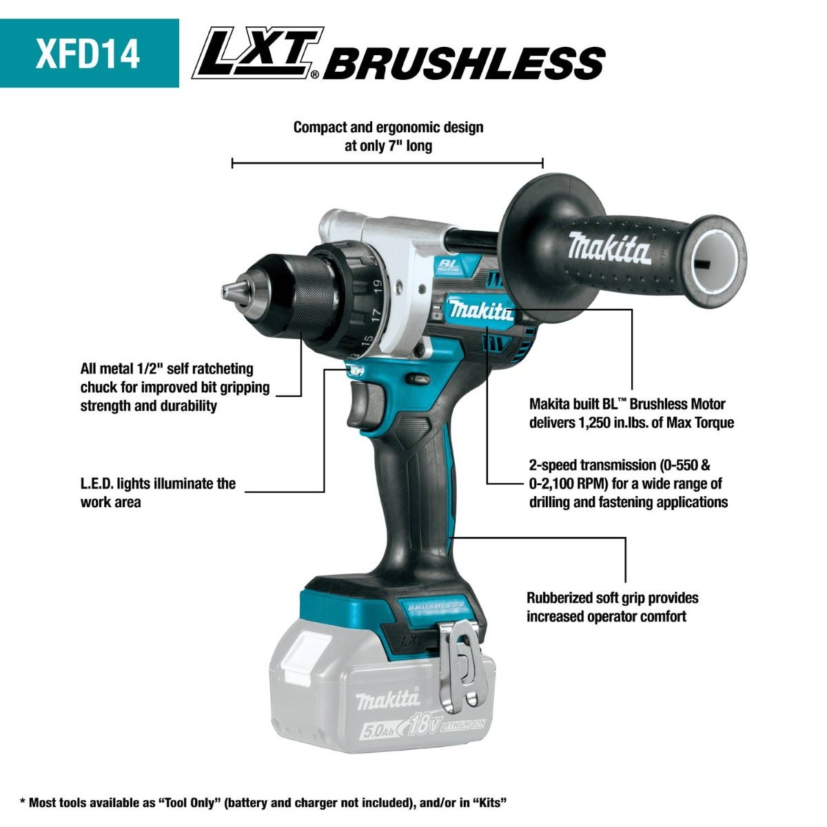 Makita XFD14T 18V LXT Lithium-Ion Brushless Cordless 1/2" Driver-Drill Kit (5.0Ah)