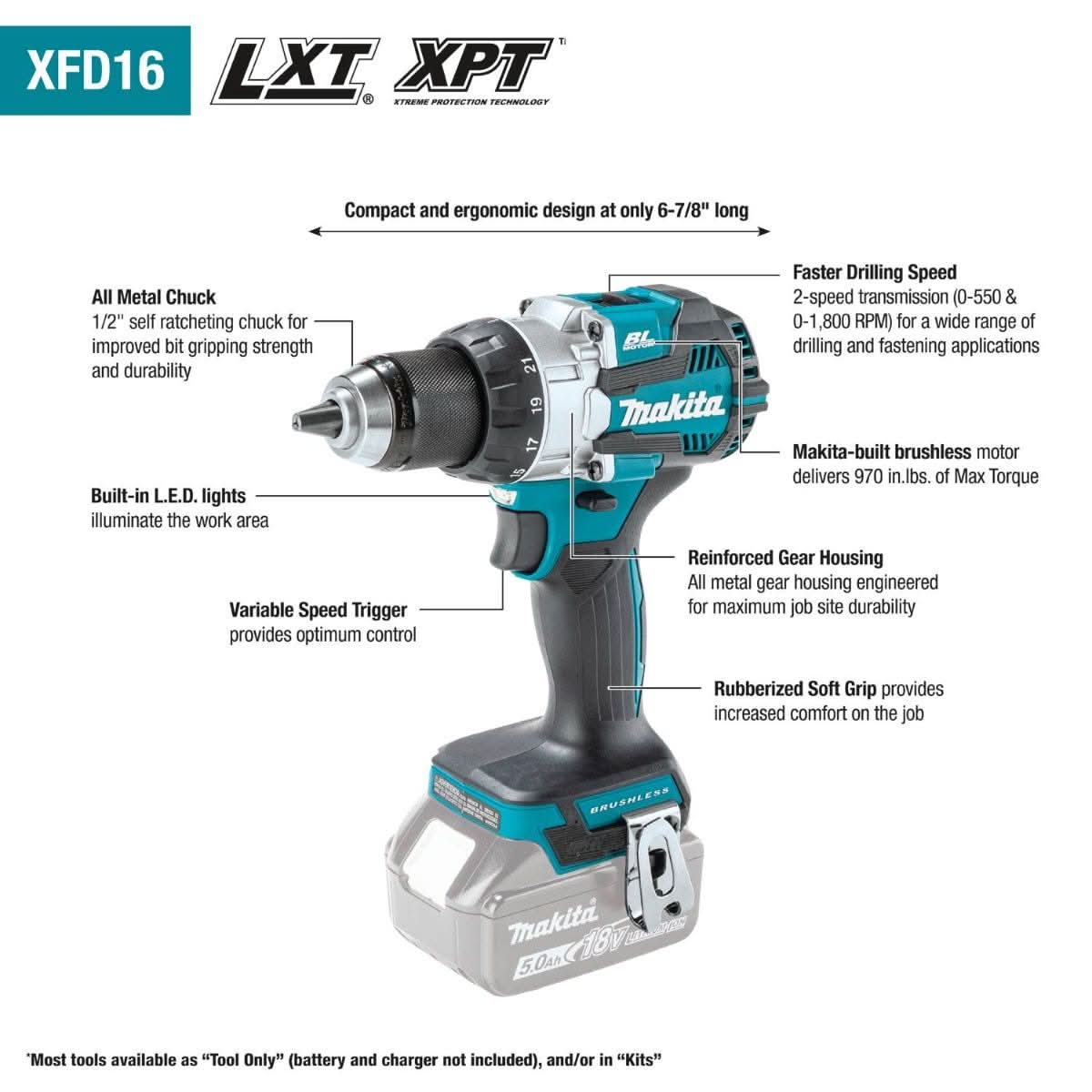 Makita XFD16Z 18V LXT Lithium-Ion Brushless Cordless 1/2