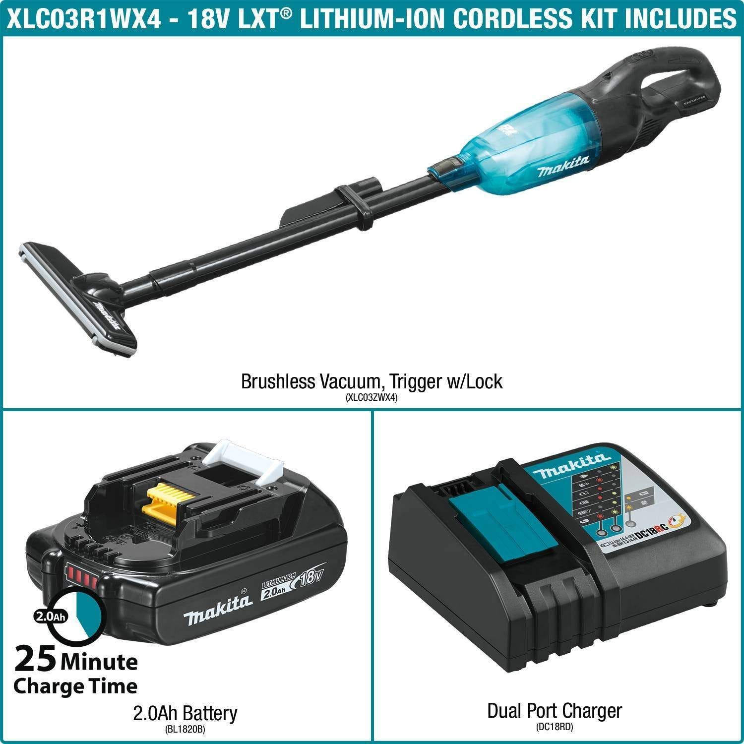 Makita XLC03R1WX4 18V LXT Lithium-ion Brushless Cordless Compact Stick Vacuum Kit, Trigger w/ Lock (2.0Ah)