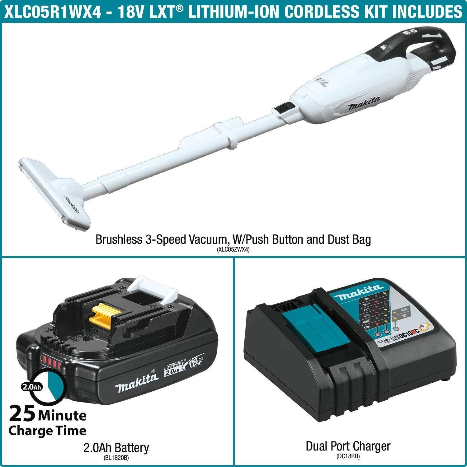 Makita XLC05R1WX4 18V LXT Compact Brushless Cordless 3-Speed Vacuum 2.0Ah Kit
