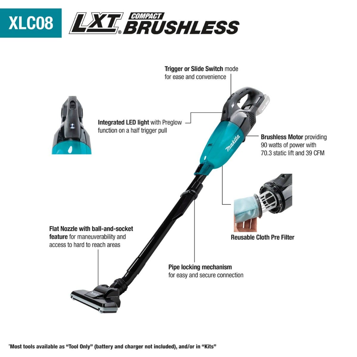 Makita XLC08ZB 18V LXT Lithium-ion Compact Brushless Cordless Vacuum, Trigger w/ Lock (Tool Only)
