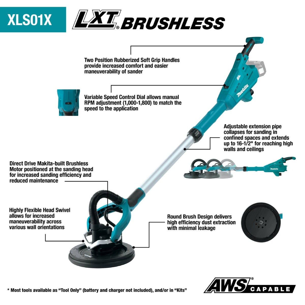 Makita XLS01ZX1 18V LXT Lithium-Ion Brushless Cordless 9" Drywall Sander, AWS Capable, Tool Only