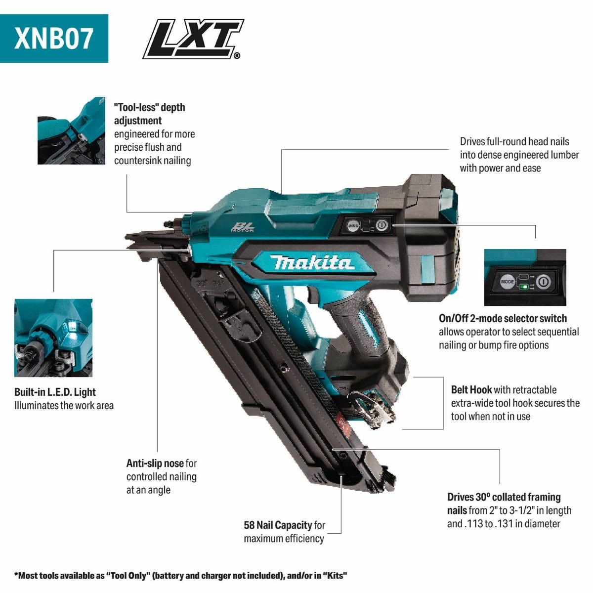 Makita XNB07Z 18V LXT Cordless 30-Degree Clipped Head 3-1/2-in. Framing Nailer, Tool Only