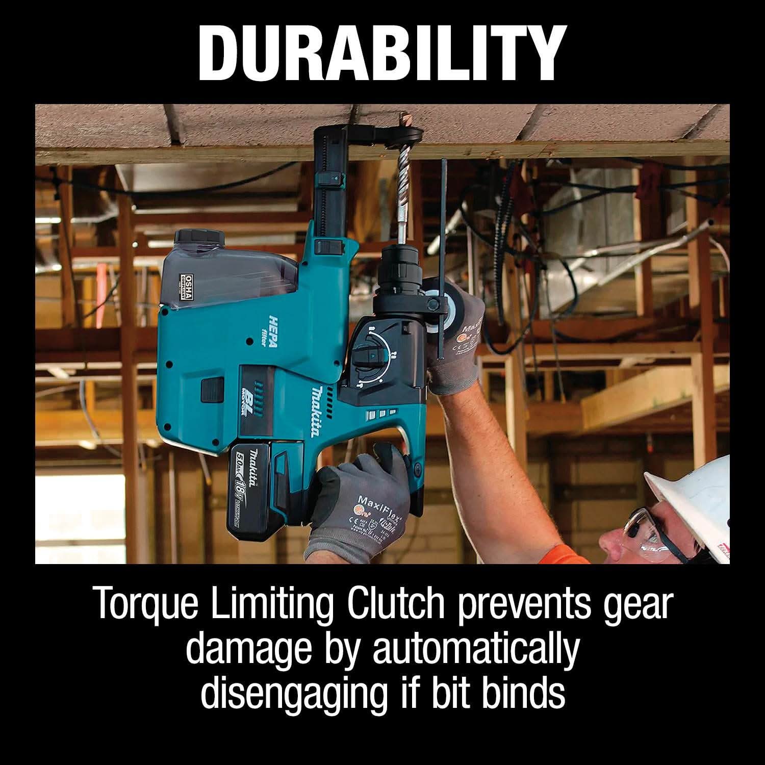 Makita XRH011TWX 18V LXT Lithium-Ion Brushless Cordless 1" SDS-PLUS Rotary Hammer Kit, w/ HEPA Dust Extractor Attachment (5.0Ah)