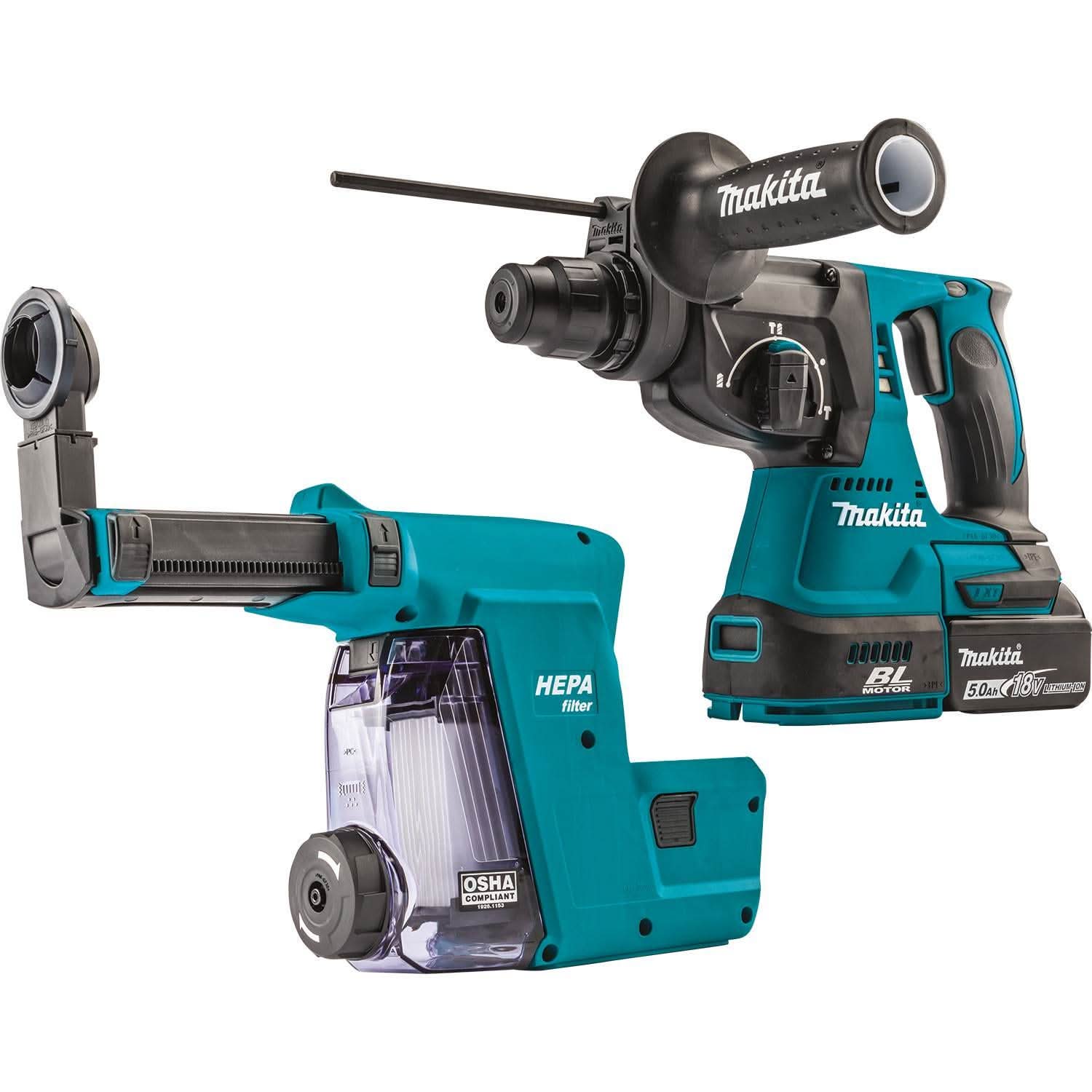 Makita XRH011TWX 18V LXT Lithium-Ion Brushless Cordless 1" SDS-PLUS Rotary Hammer Kit, w/ HEPA Dust Extractor Attachment (5.0Ah)