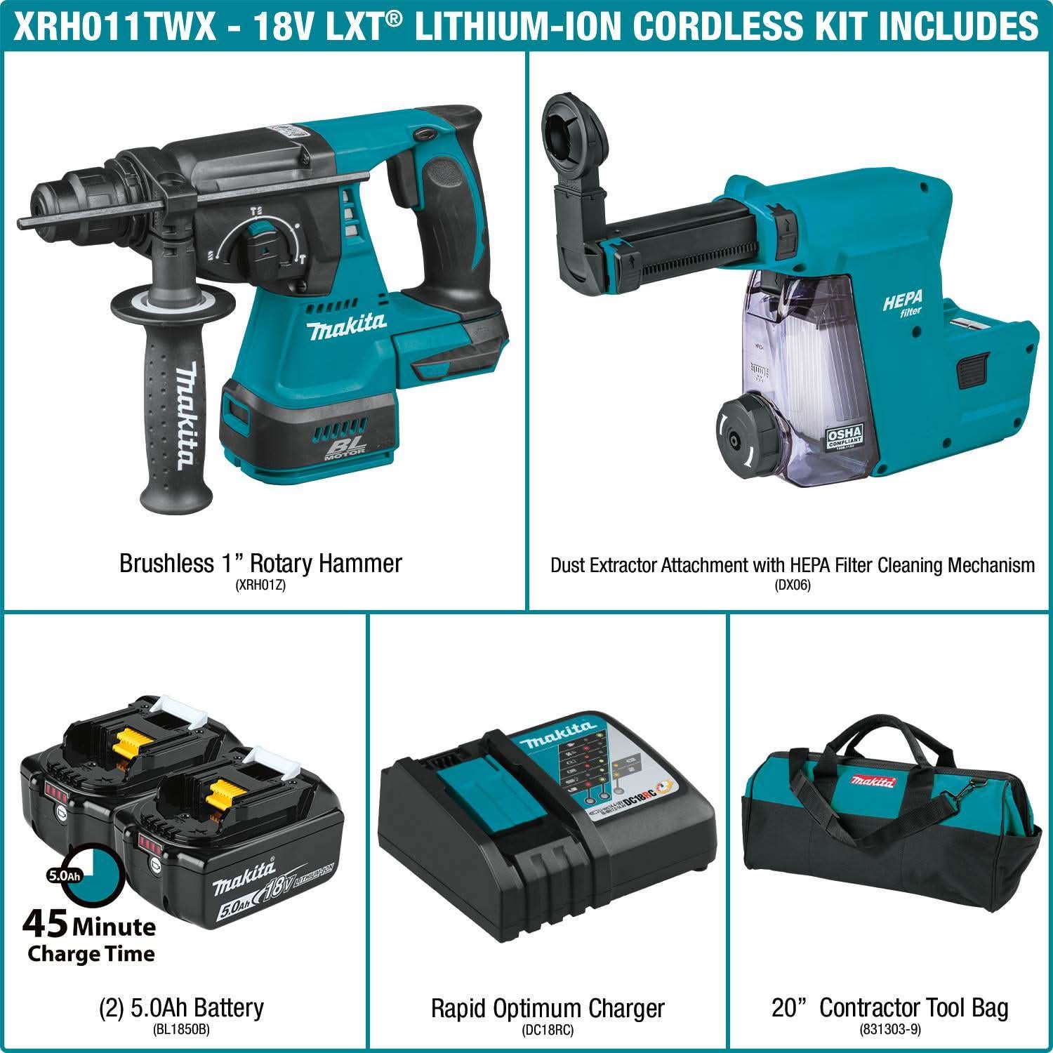 Makita XRH011TWX 18V LXT Lithium-Ion Brushless Cordless 1" SDS-PLUS Rotary Hammer Kit, w/ HEPA Dust Extractor Attachment (5.0Ah)
