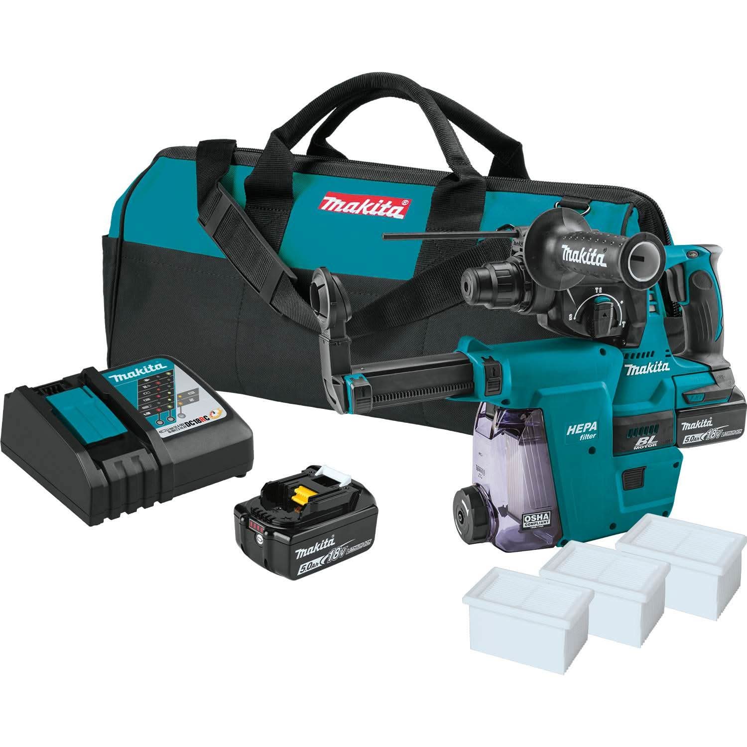 Makita XRH011TWX 18V LXT Lithium-Ion Brushless Cordless 1" SDS-PLUS Rotary Hammer Kit, w/ HEPA Dust Extractor Attachment (5.0Ah)