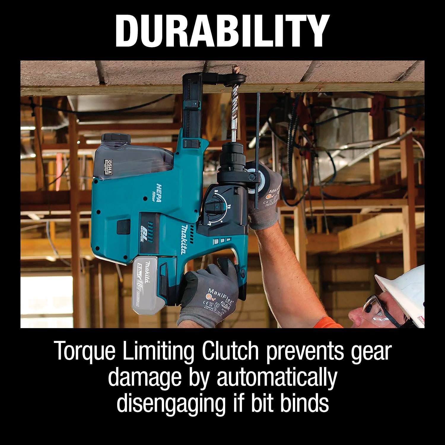 Makita XRH01ZWX 18V LXT Lithium-Ion Brushless Cordless 1" SDS-PLUS Rotary Hammer, w/ HEPA Dust Extractor Attachment, Tool Only
