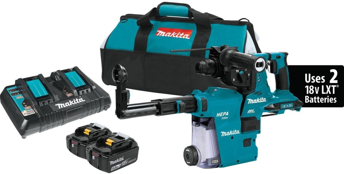Makita XRH10PTW 36V (18V X2) LXT Brushless 1-1/8" SDS-PLUS AVT Rotary Hammer Kit, w/ HEPA Dust Extractor, AFT, AWS Capable (5.0Ah)
