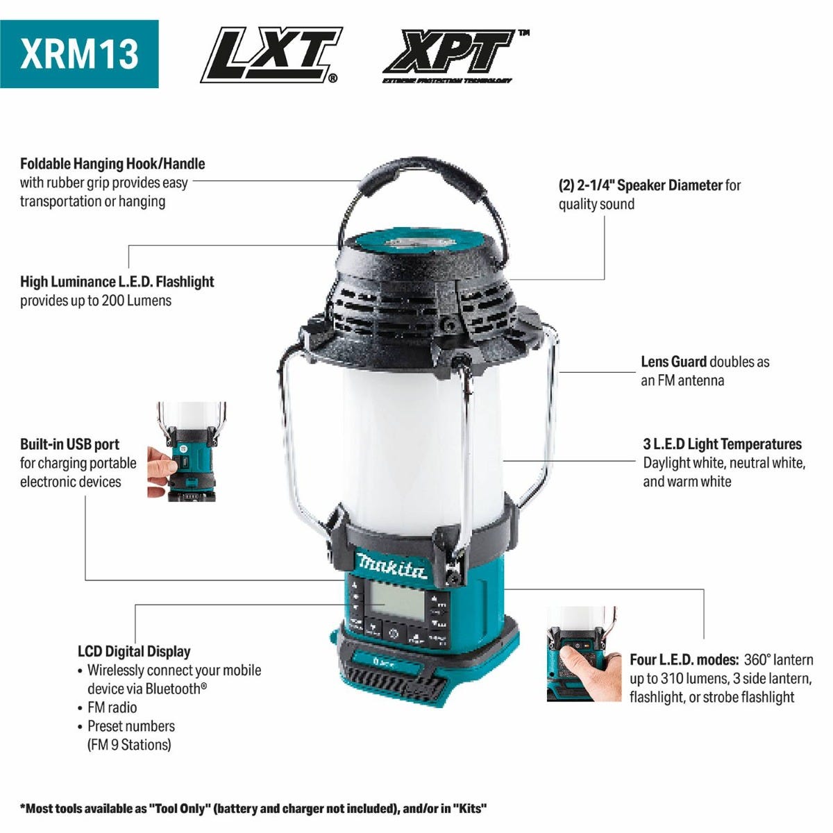 Makita XRM13 18V LXT Cordless Bluetooth Radio and LED Lantern, Tool Only