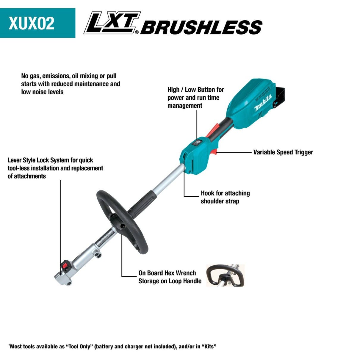 Makita XUX02SM1X5 18V LXT Brushless Couple Shaft Power Head Kit w/ String Trimmer, Pole Saw & Articulating Hedge Trimmer Attachments (4.0Ah)