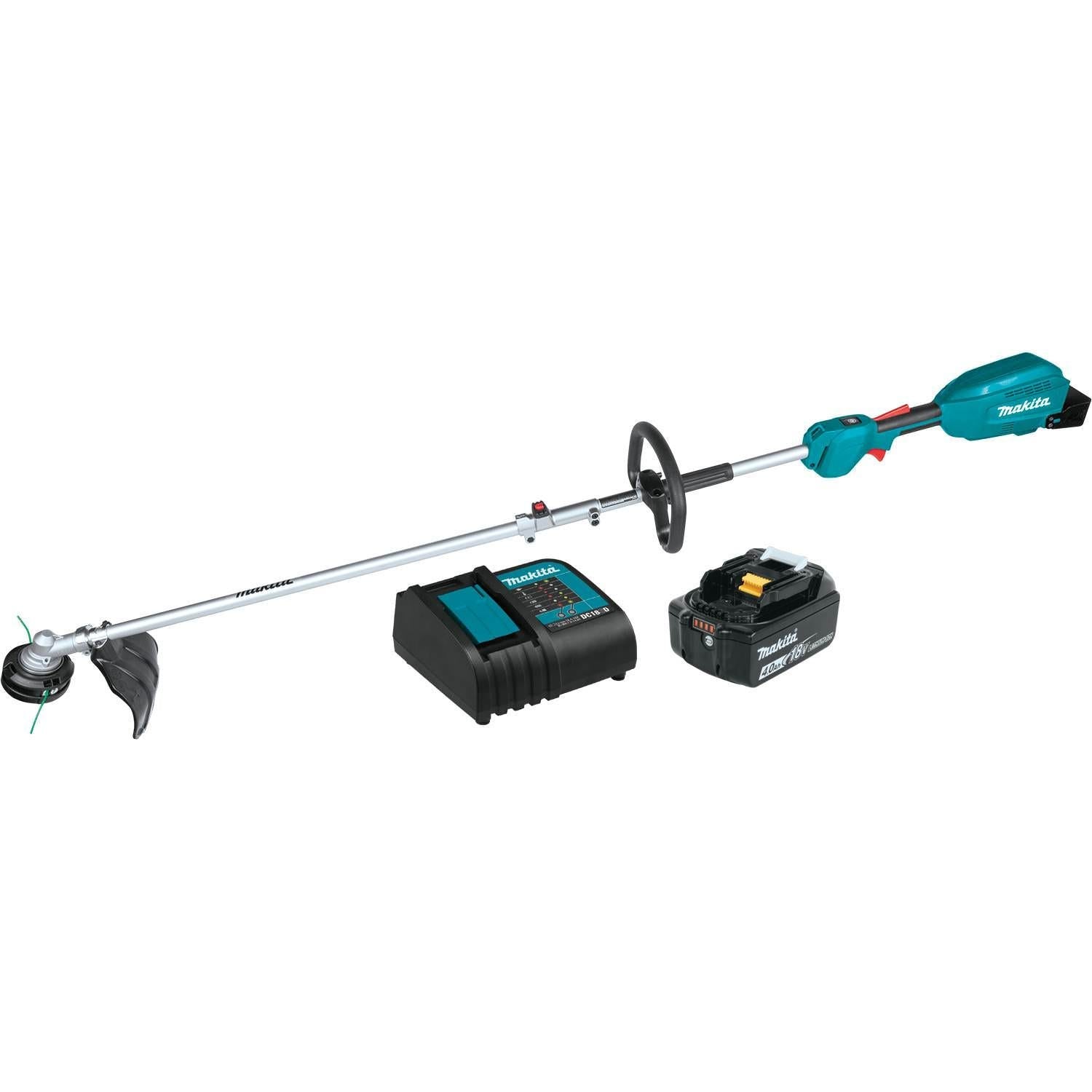 Makita 18V LXT Brushless Couple Shaft Power Head 4.0Ah Kit, String Trimmer Attachment, and 14" Chain Saw (Bare Tool)