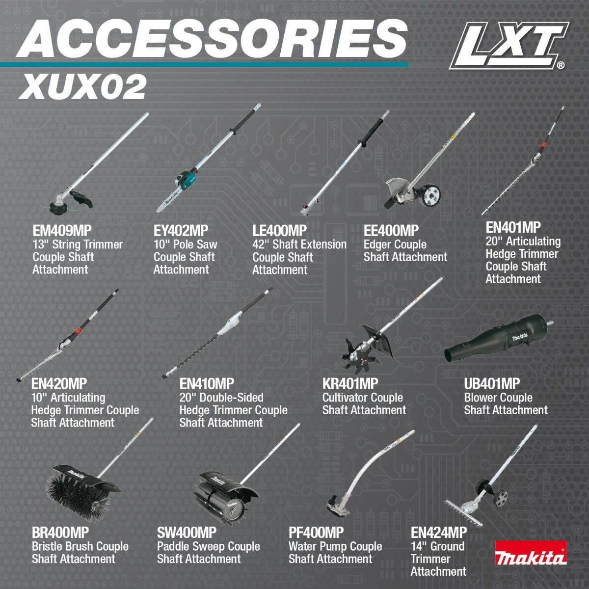 Makita XUX02SM1X5 18V LXT Brushless Couple Shaft Power Head Kit w/ String Trimmer, Pole Saw & Articulating Hedge Trimmer Attachments (4.0Ah)