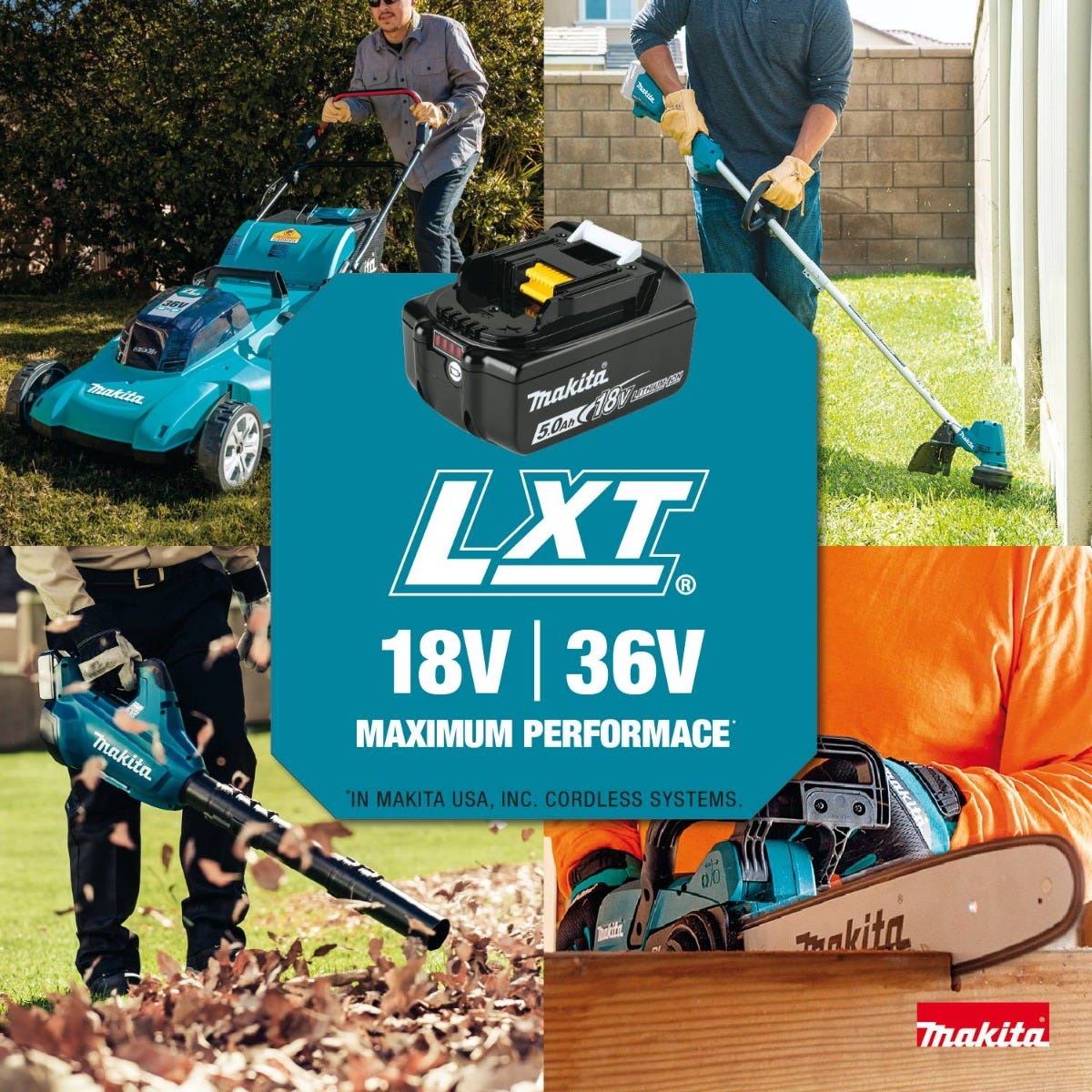 Makita XUX02SM1X5 18V LXT Brushless Couple Shaft Power Head Kit w/ String Trimmer, Pole Saw & Articulating Hedge Trimmer Attachments (4.0Ah)