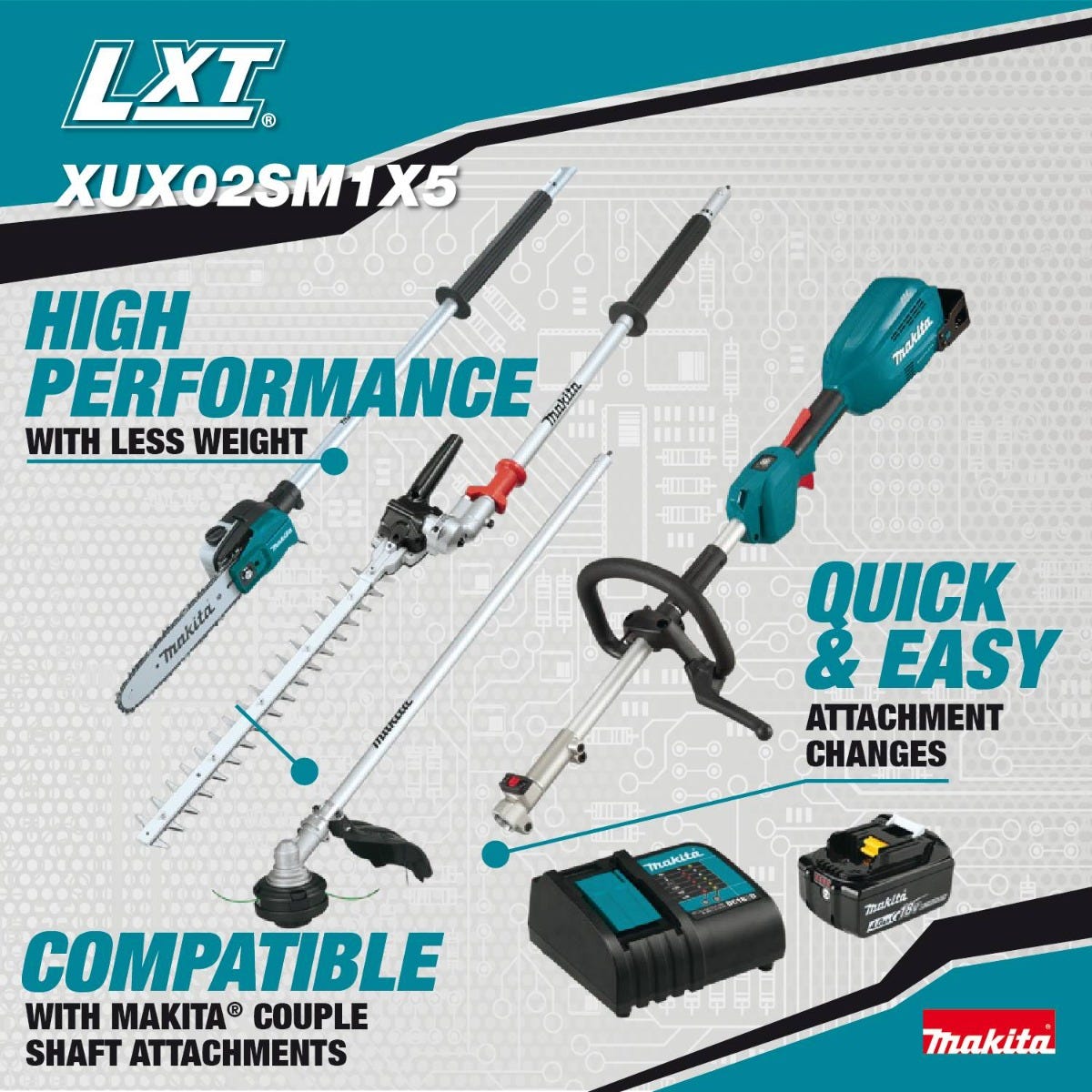 Makita XUX02SM1X5 18V LXT Brushless Couple Shaft Power Head Kit w/ String Trimmer, Pole Saw & Articulating Hedge Trimmer Attachments (4.0Ah)
