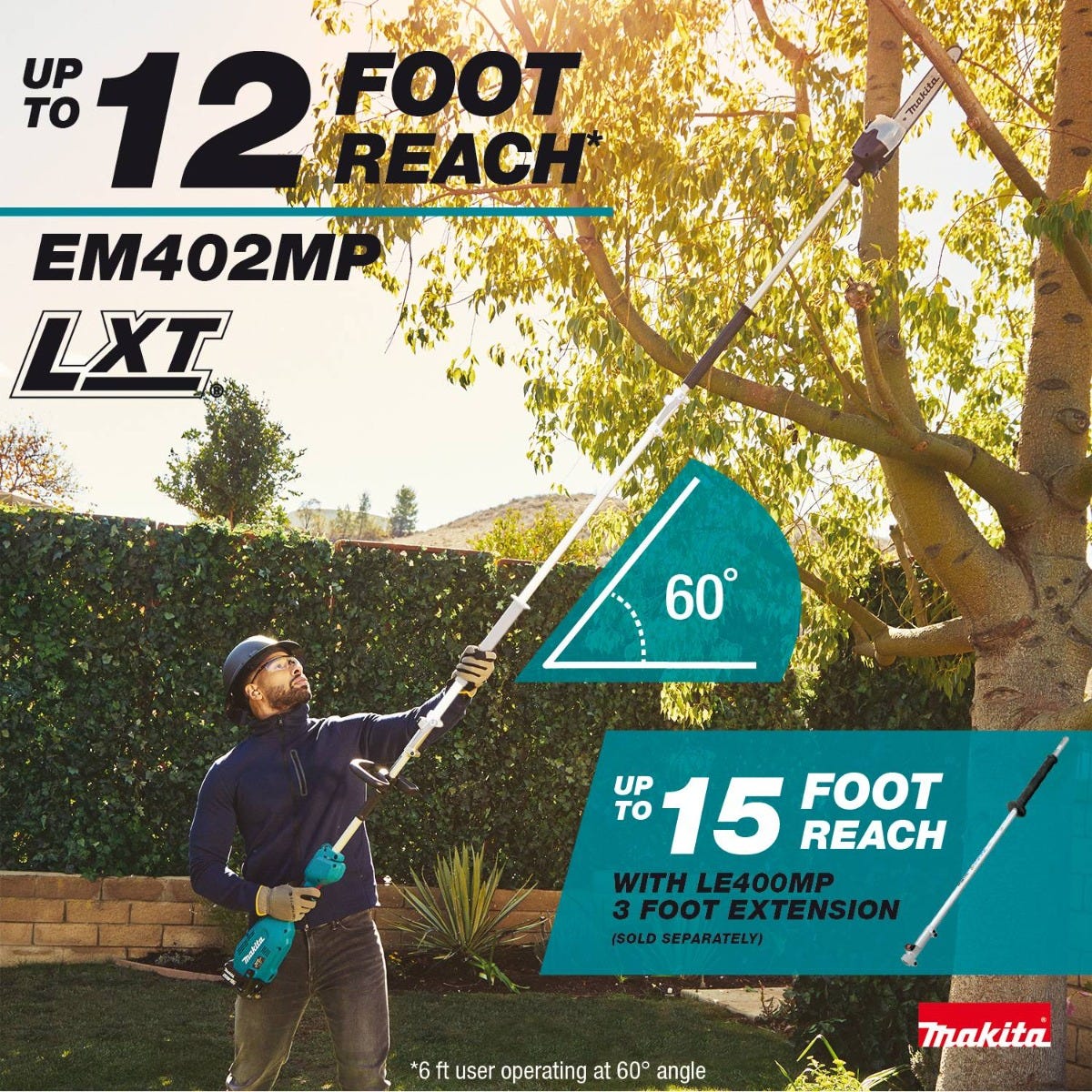Makita XUX02SM1X5 18V LXT Brushless Couple Shaft Power Head Kit w/ String Trimmer, Pole Saw & Articulating Hedge Trimmer Attachments (4.0Ah)