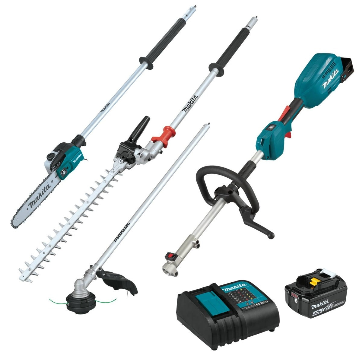 Makita XUX02SM1X5 18V LXT Brushless Couple Shaft Power Head Kit w/ String Trimmer, Pole Saw & Articulating Hedge Trimmer Attachments (4.0Ah)