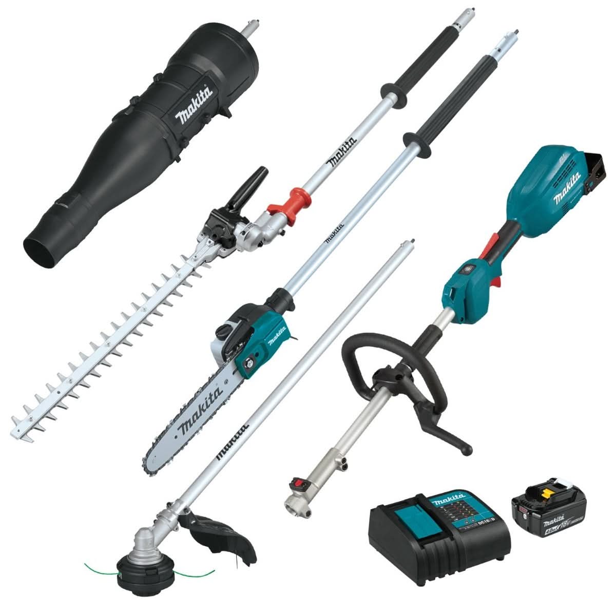Makita XUX02SM1X6 18V LXT Brushless Couple Shaft Power Head Kit w/ String Trimmer, Pole Saw, Art. Hedge Trimmer & Blower Attachments (4.0Ah)