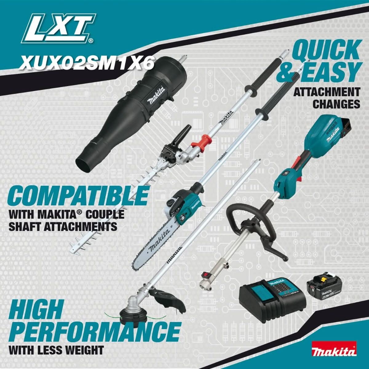Makita XUX02SM1X6 18V LXT Brushless Couple Shaft Power Head Kit w/ String Trimmer, Pole Saw, Art. Hedge Trimmer & Blower Attachments (4.0Ah)