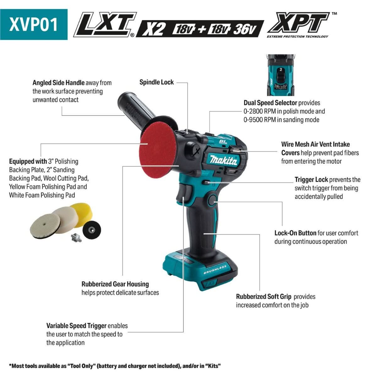 Makita XVP01Z 18V LXT Brushless Cordless 3-in. Polisher / 2-in