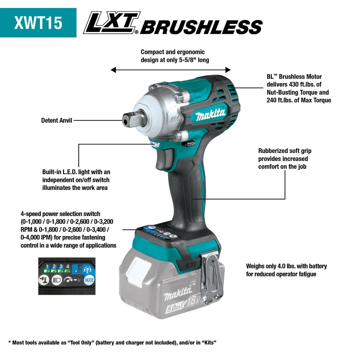 Makita XWT15XVZ 18V LXT Lithium-Ion Brushless Cordless 4-Speed 1/2" Sq. Drive Utility Impact Wrench w/ Detent Anvil, Tool Only