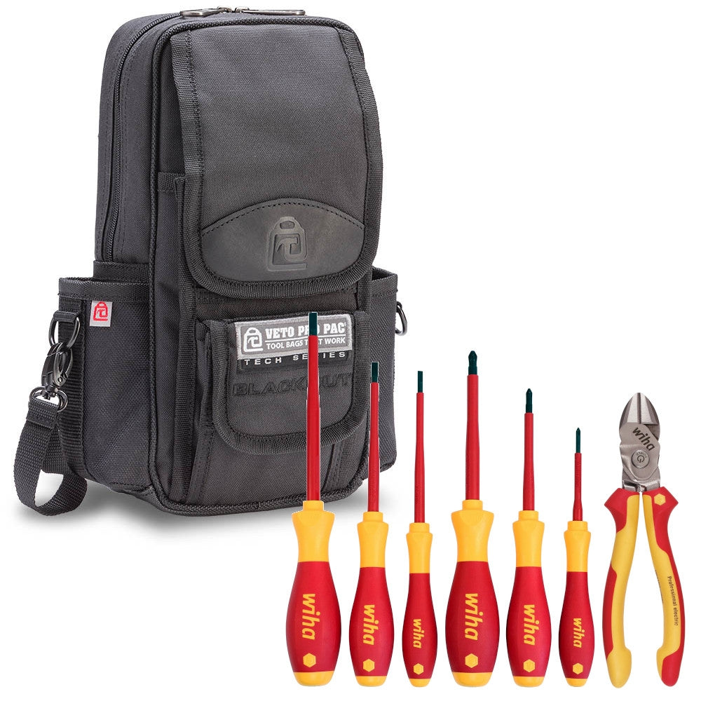 Veto Pro Pac Medium Sized Zippered Meter Bag with Wiha 7-Piece Insulated BiCut Comound Cutters & Screwdriver Set