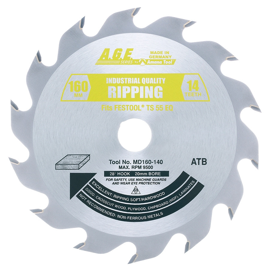 Amana MD160-140 14T Carbide Tipped Ripping Circular Saw Blade, 160mm for Festool Saws