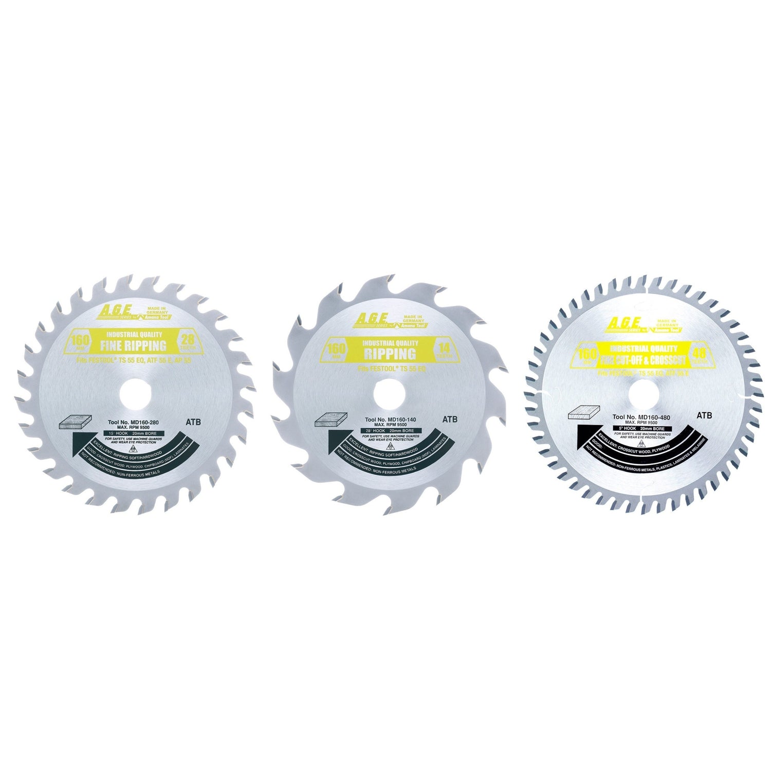 Amana Tools 3-Piece 14T/28T/48T 160mm Carbide-Tipped Circular Saw Blade Set