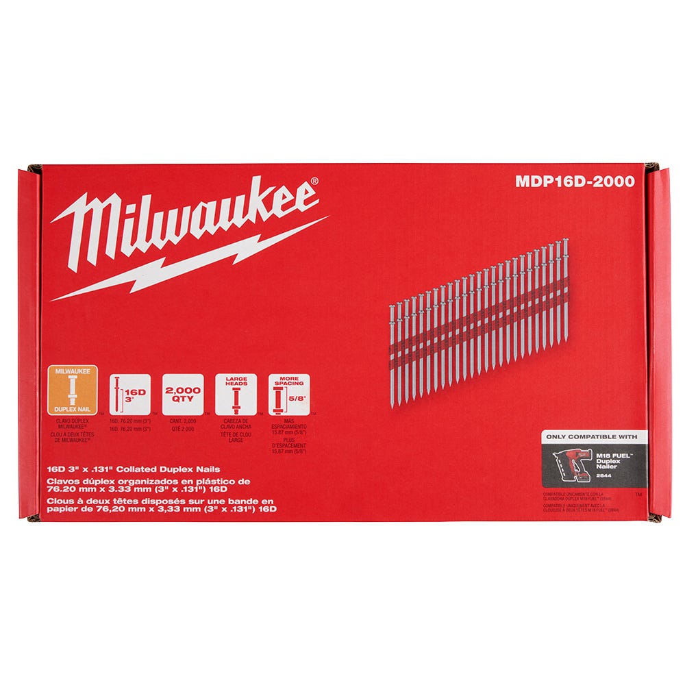 Milwaukee MDP16D-2000 Milwaukee 16D 3" x .131" Collated Duplex Nails, 2000-Pack