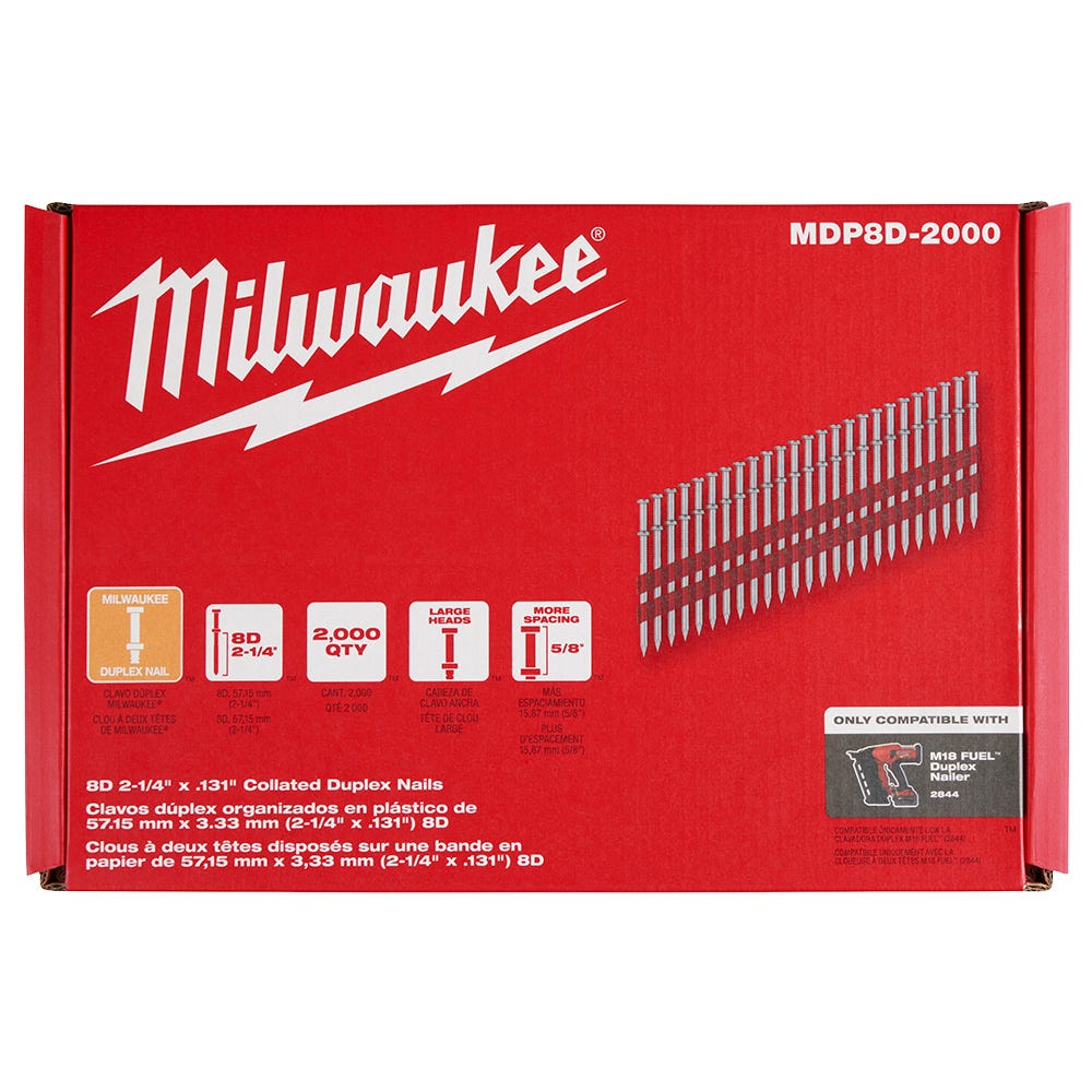 Milwaukee MDP8D-2000 Milwaukee 8D 2-1/4" x .131" Collated Duplex Nails, 2000-Pack